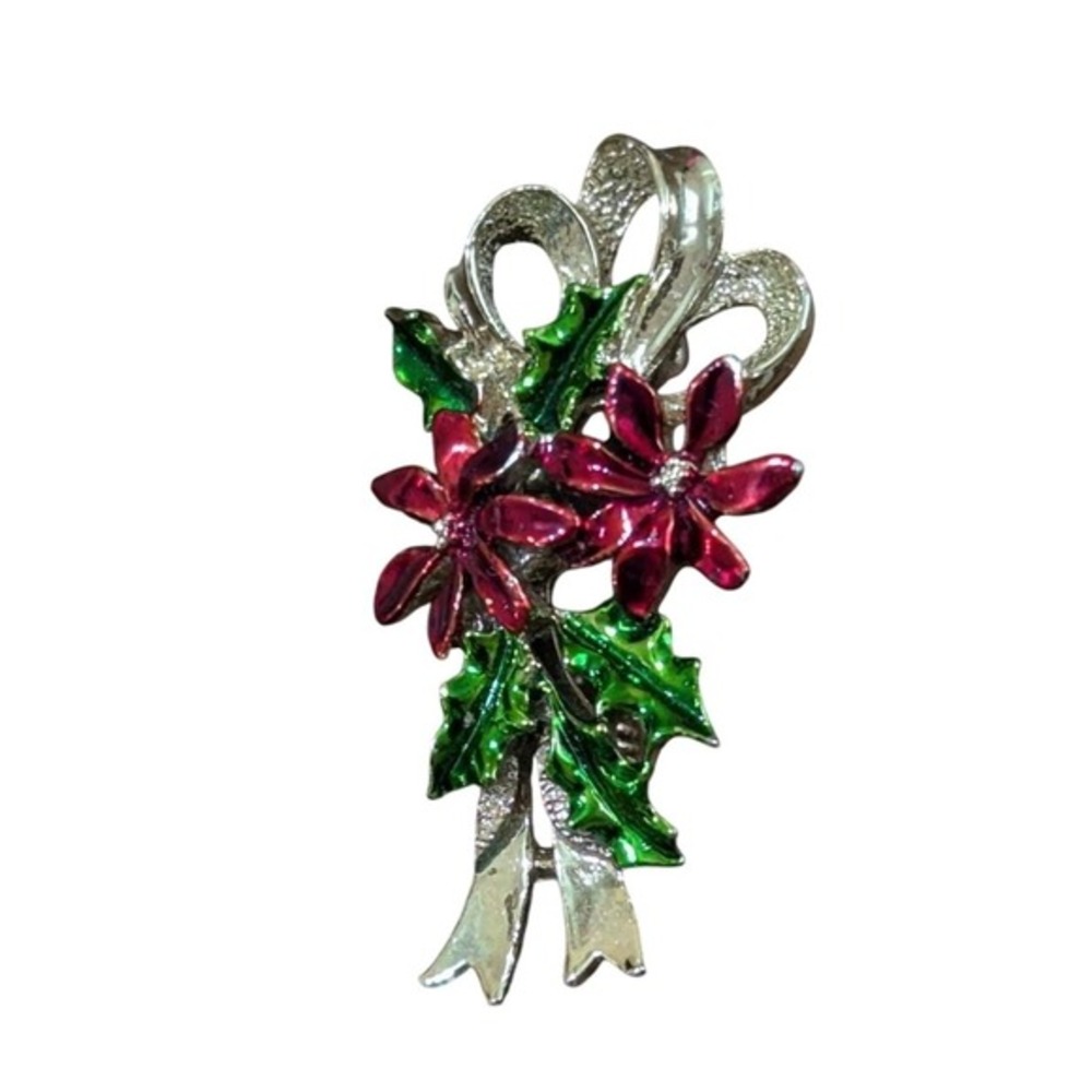 Vintage Christmas Poinsettia Holly Brooch Gold Tone Red Green Enamel Pin Holiday